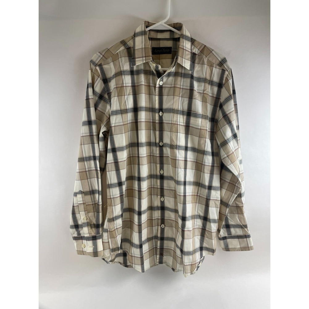 Kenneth Roberts Platinum Shirt Men's Size M Tan Cream Plaid Button Up Long Slv